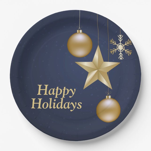 Christmas Party Golden Ornament Navy Blue Elegant Paper Plates (Front)