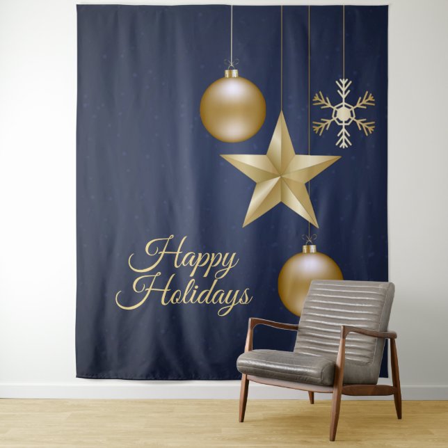 Christmas Party Golden Ornament Navy Blue Elegant Tapestry (In Situ)