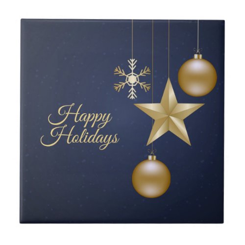 Christmas Party Golden Ornaments Navy Blue Elegant Ceramic Tile