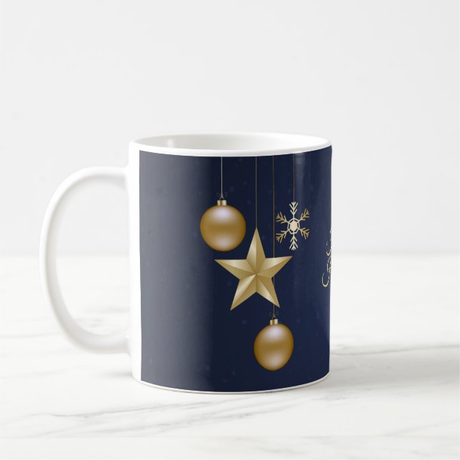 Christmas Party Golden Ornaments Navy Blue Elegant Coffee Mug (Left)