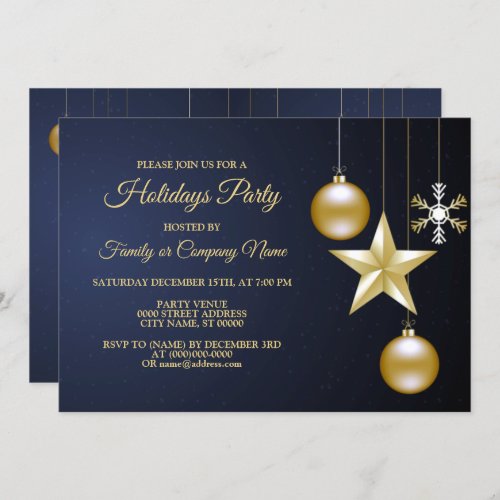 Christmas Party Golden Ornaments Navy Blue Elegant Invitation