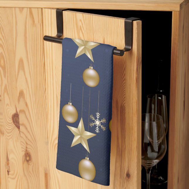 Christmas Party Golden Ornaments Navy Blue Elegant Kitchen Towel (Thirds Fold)