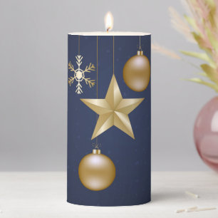 Christmas Party Golden Ornaments Navy Blue Elegant Pillar Candle