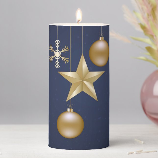 Christmas Party Golden Ornaments Navy Blue Elegant Pillar Candle (In Situ)