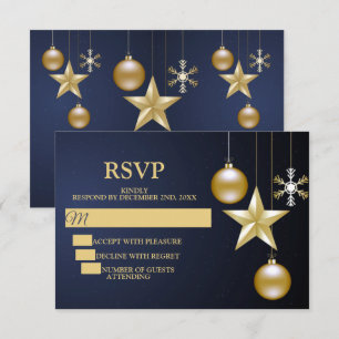 Christmas Party Golden Ornaments Navy Blue Elegant RSVP Card