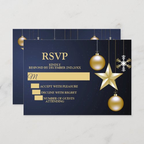 Christmas Party Golden Ornaments Navy Blue Elegant RSVP Card