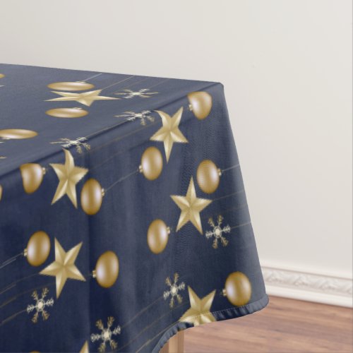 Christmas Party Golden Ornaments Navy Blue Elegant Tablecloth