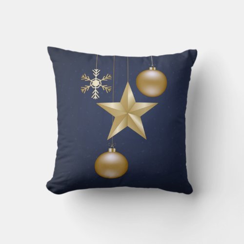 Christmas Party Golden Ornaments Navy Blue Elegant Throw Pillow
