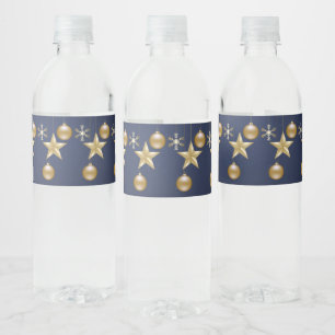 Christmas Party Golden Ornaments Navy Blue Elegant Water Bottle Label