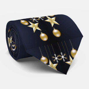 Christmas Party Golden Ornaments Navy Blue Neck Tie