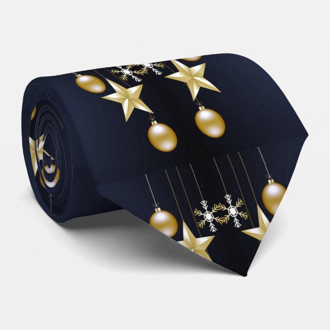 Christmas Party Golden Ornaments Navy Blue Neck Tie (Rolled)