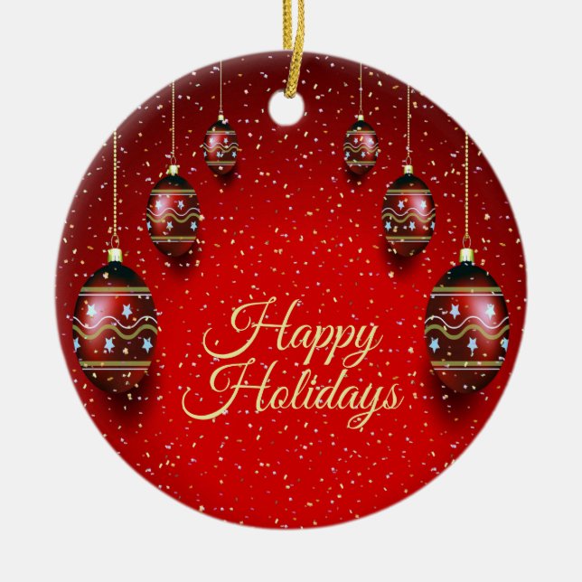 Christmas Party Golden Red Winter Holidays Elegant Ceramic Ornament (Front)