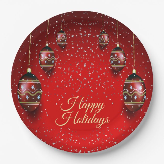 Christmas Party Golden Red Winter Holidays Elegant Paper Plates (Front)