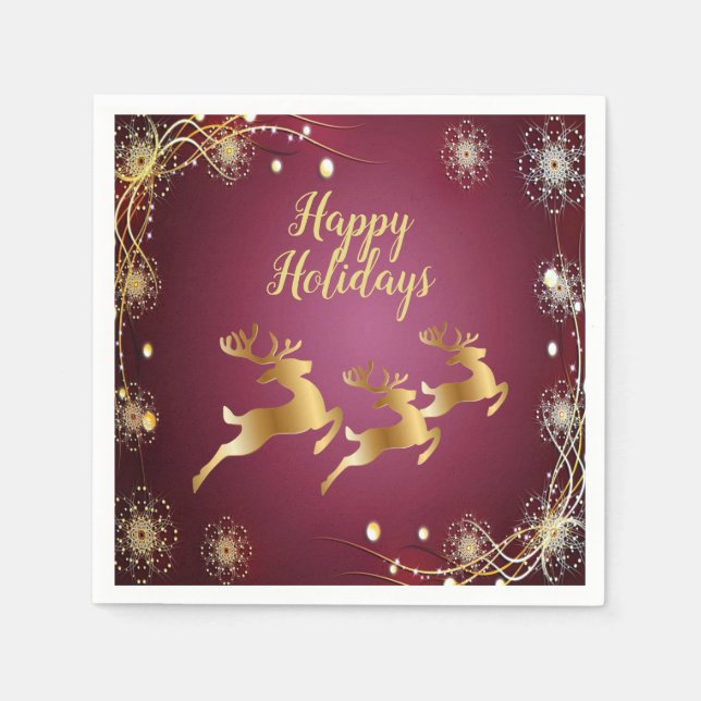 Christmas Party Golden Reindeers Red Pink Elegant Napkins (Front)