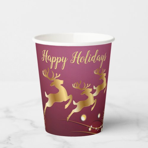 Christmas Party Golden Reindeers Red Pink Elegant Paper Cups