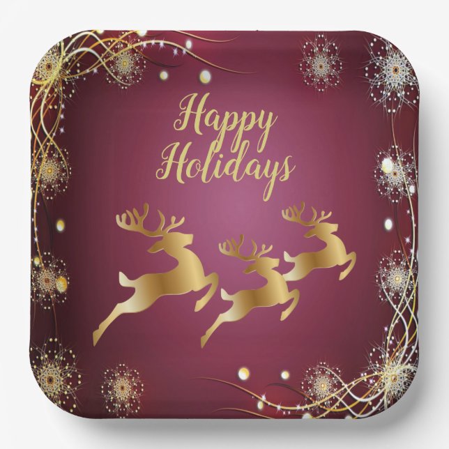 Christmas Party Golden Reindeers Red Pink Elegant Paper Plates (Front)