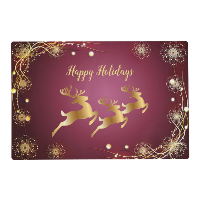 Christmas Party Golden Reindeers Red Pink Elegant Placemat (Front)
