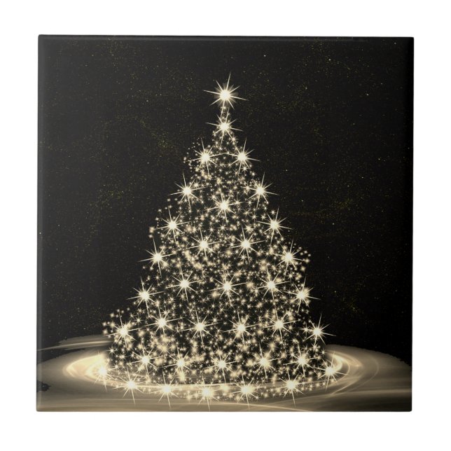 Christmas Party Golden Shiny Tree Winter Black Ceramic Tile (Front)