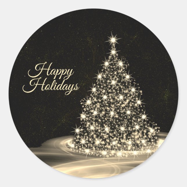 Christmas Party Golden Shiny Tree Winter Black Classic Round Sticker (Front)