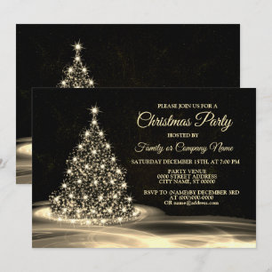 Christmas Party Golden Shiny Tree Winter Black Invitation