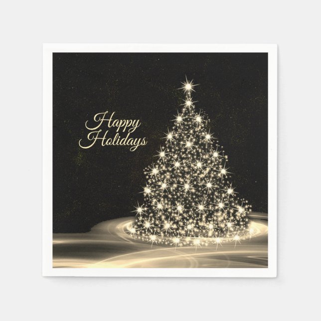 Christmas Party Golden Shiny Tree Winter Black Napkins (Front)