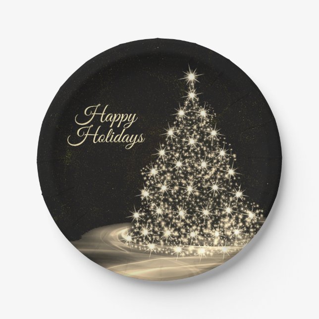 Christmas Party Golden Shiny Tree Winter Black Paper Plates (Front)