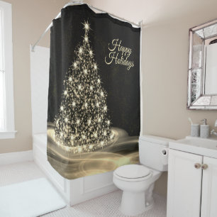 Christmas Party Golden Shiny Tree Winter Black Shower Curtain