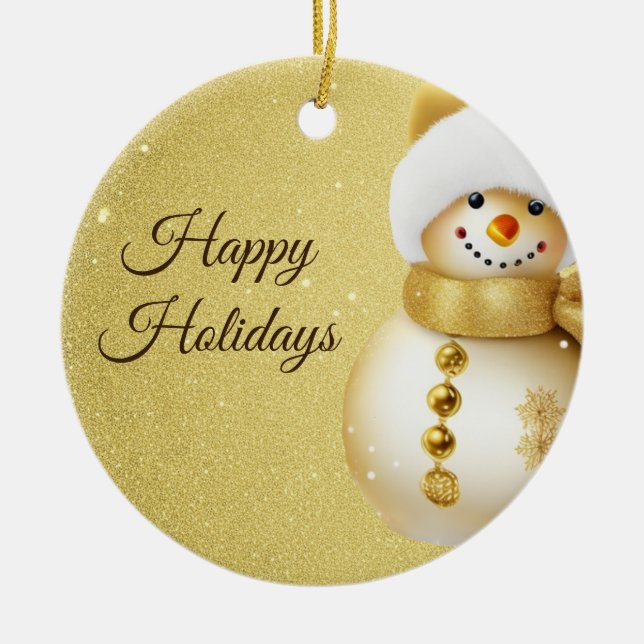Christmas Party Golden Snowman Snowflakes Holidays Ceramic Ornament (Front)