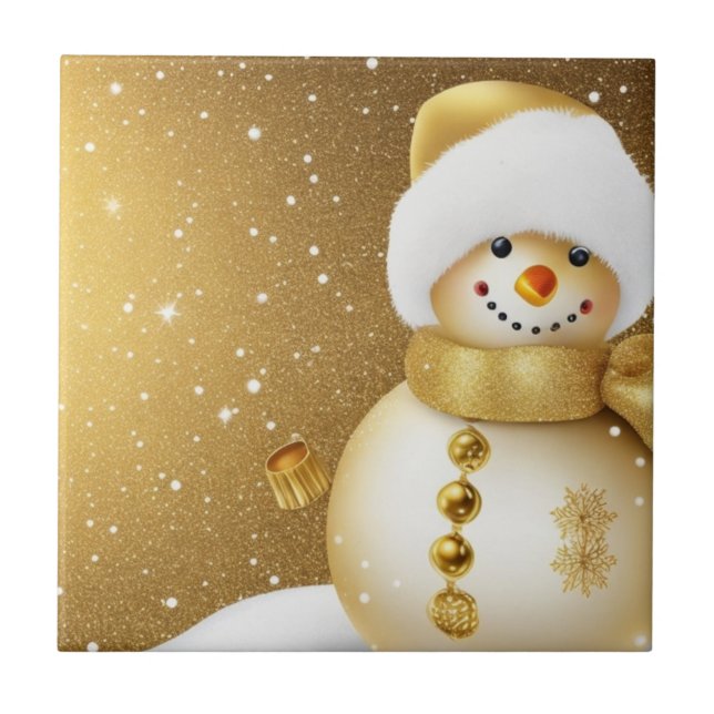 Christmas Party Golden Snowman Snowflakes Holidays Ceramic Tile (Front)
