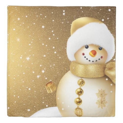 Christmas Party Golden Snowman Snowflakes Holidays Duvet Cover