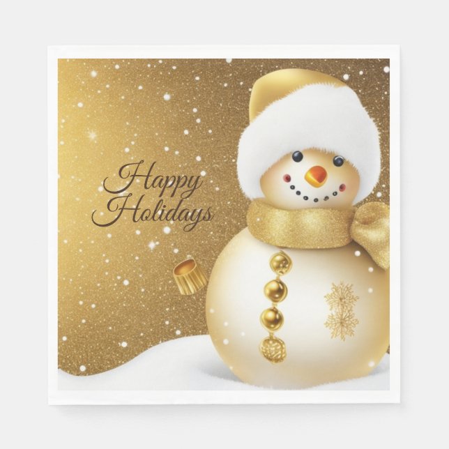 Christmas Party Golden Snowman Snowflakes Holidays Napkins (Front)
