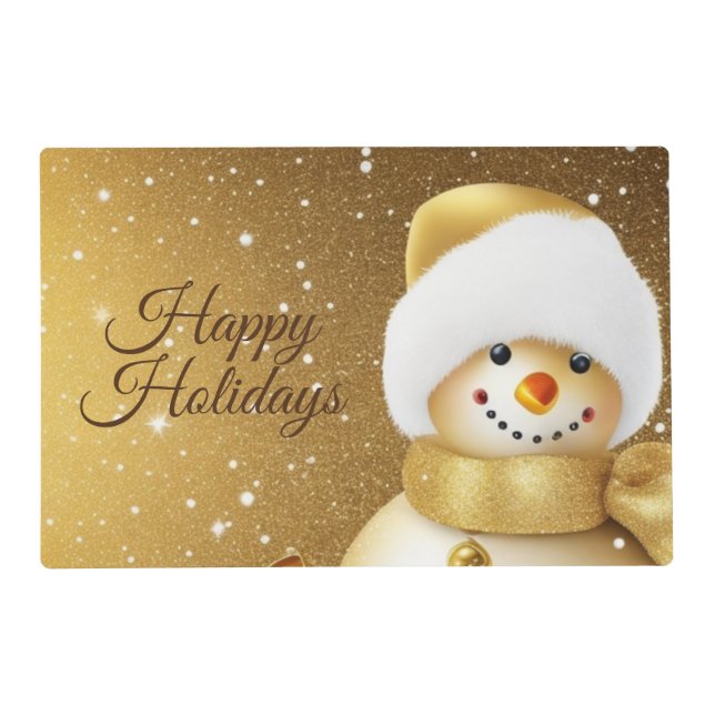 Christmas Party Golden Snowman Snowflakes Holidays Placemat (Front)