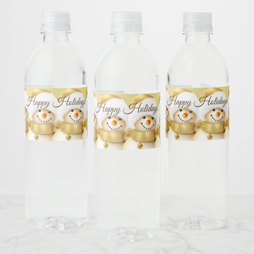 Christmas Party Golden Snowman Snowflakes Holidays Water Bottle Label