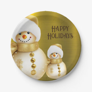 Christmas Party Golden Snowman Winter Holiday Paper Plates