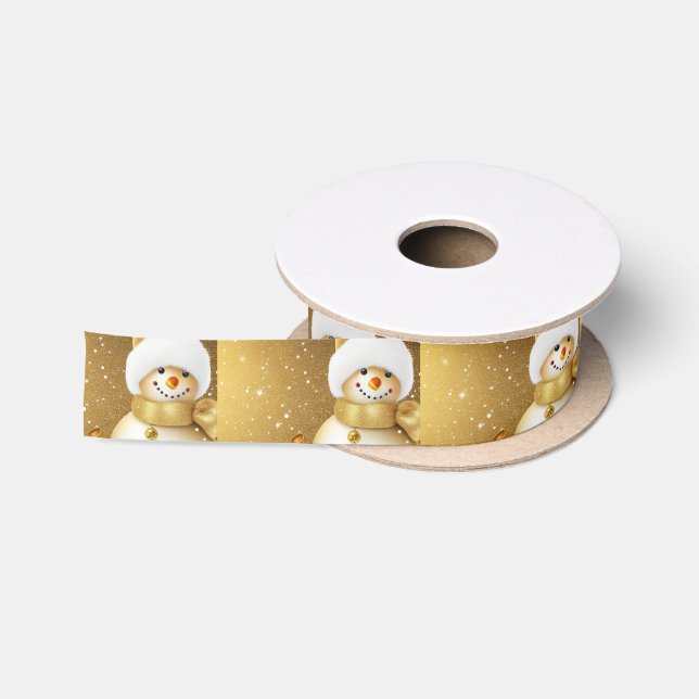 Christmas Party Golden Snowman Winter Holiday Satin Ribbon (Spool)