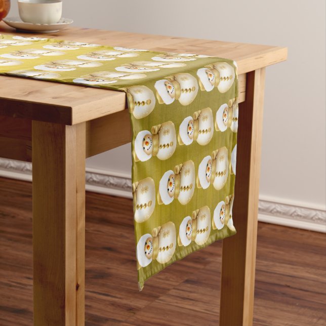 Christmas Party Golden Snowman Winter Holiday Short Table Runner (In Situ)