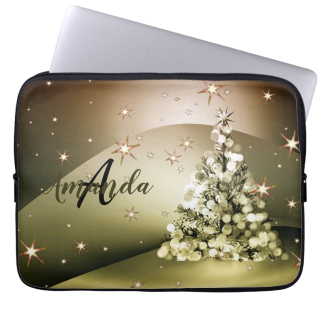 Christmas Party Golden Tree Monogram Sparkle Stars Laptop Sleeve (Front)