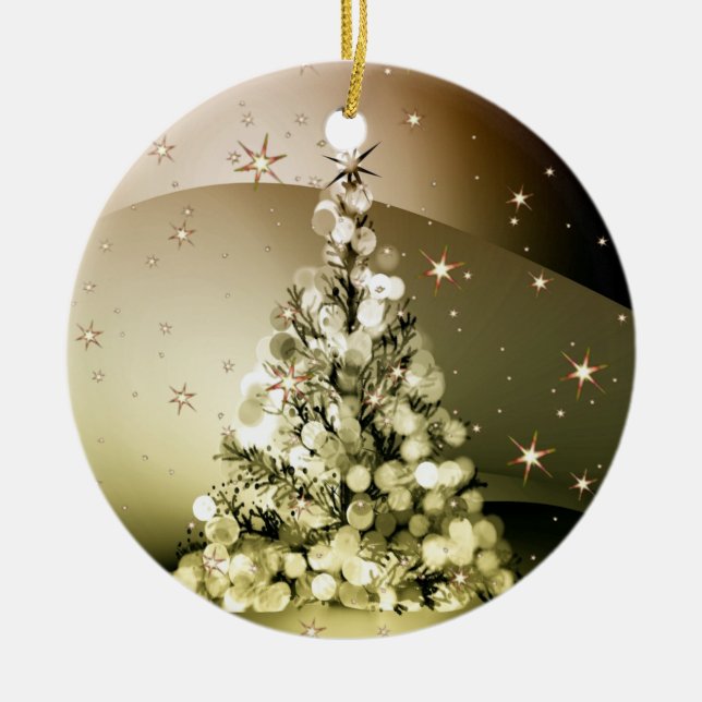 Christmas Party Golden Tree Shiny Sparkle Stars Ceramic Ornament (Front)