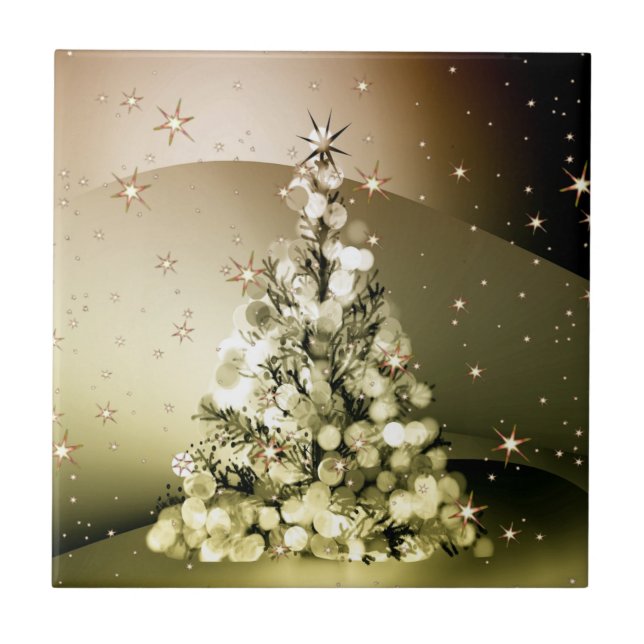 Christmas Party Golden Tree Shiny Sparkle Stars Ceramic Tile (Front)