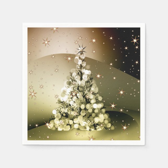 Christmas Party Golden Tree Shiny Sparkle Stars Napkins (Front)