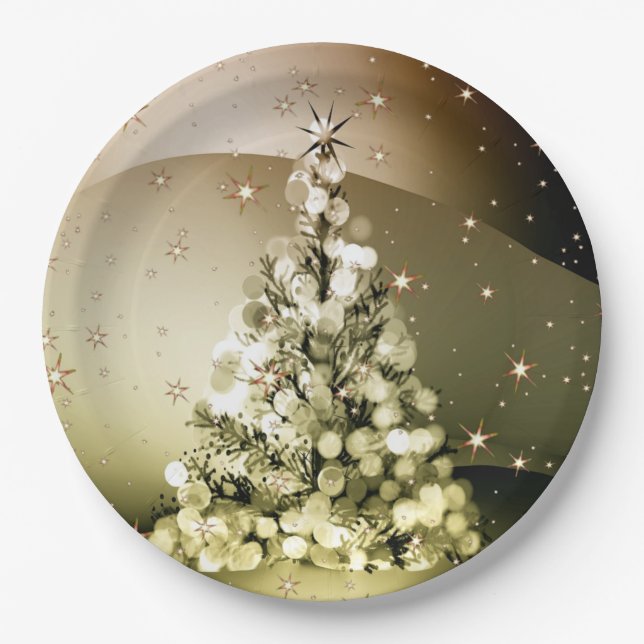 Christmas Party Golden Tree Shiny Sparkle Stars Paper Plates (Front)