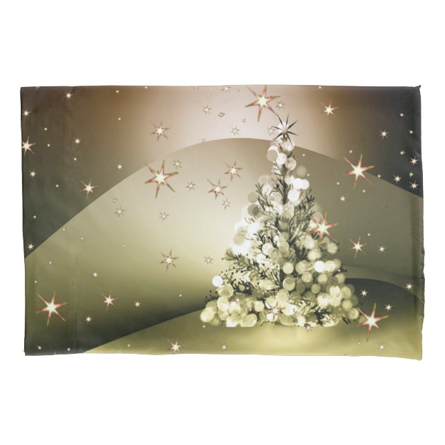 Christmas Party Golden Tree Shiny Sparkle Stars Pillow Case (Front)