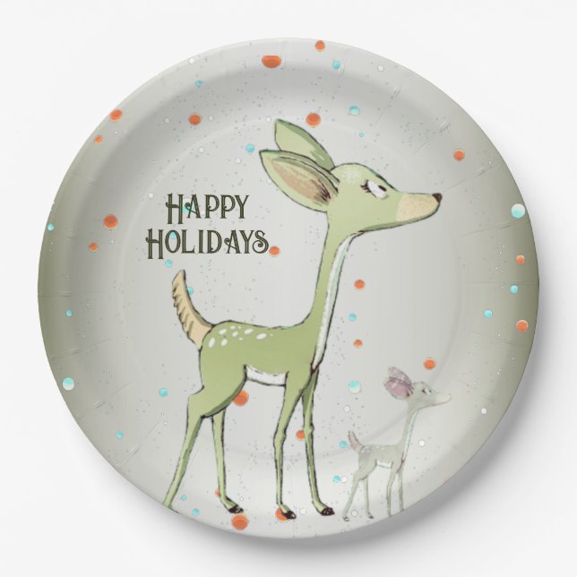 Christmas Party Green Deers Holidays Cute Paper Plates (Front)