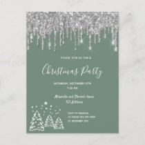 Christmas party green glitter silver invitation postcard