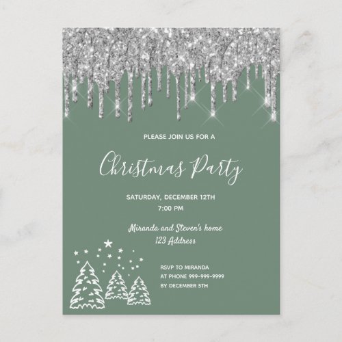 Christmas party green glitter silver invitation postcard