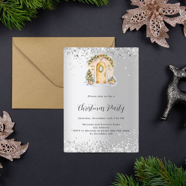 Christmas party green gold door silver invitation (Creator Uploaded)