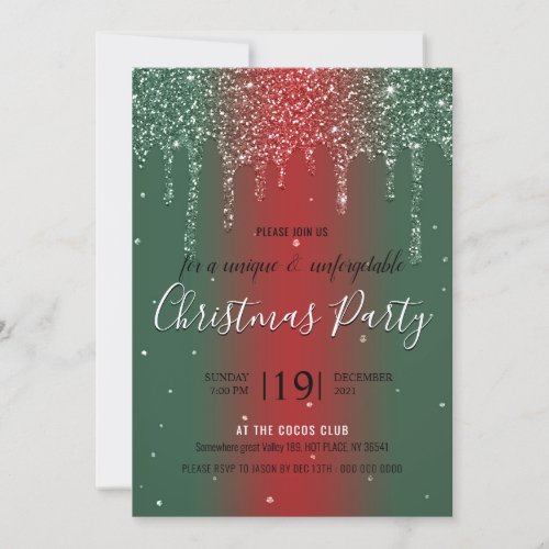 Christmas party green red glitter invitation