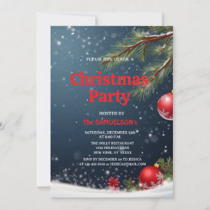 CHRISTMAS PARTY green Tree and red Baubles Glitter Invitation