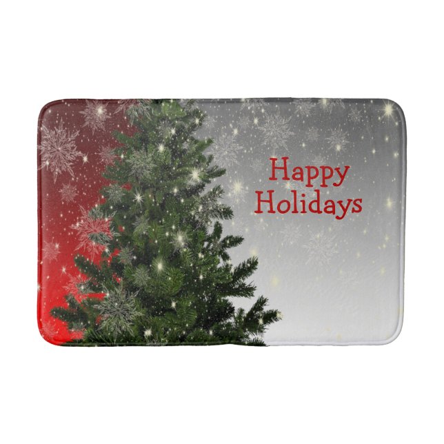 Christmas Party Green Tree Red Silver Snowflakes Bath Mat (Front)