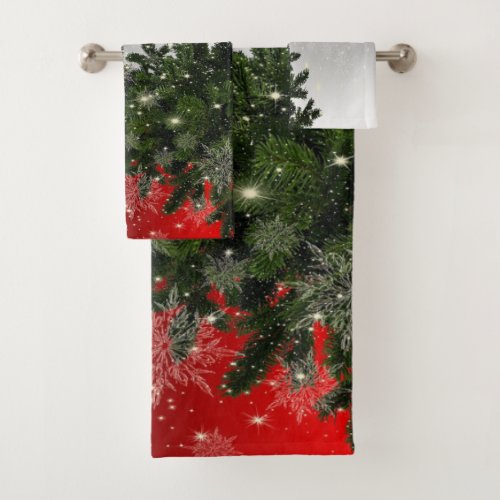 Christmas Party Green Tree Red Silver Snowflakes Bath Towel Set